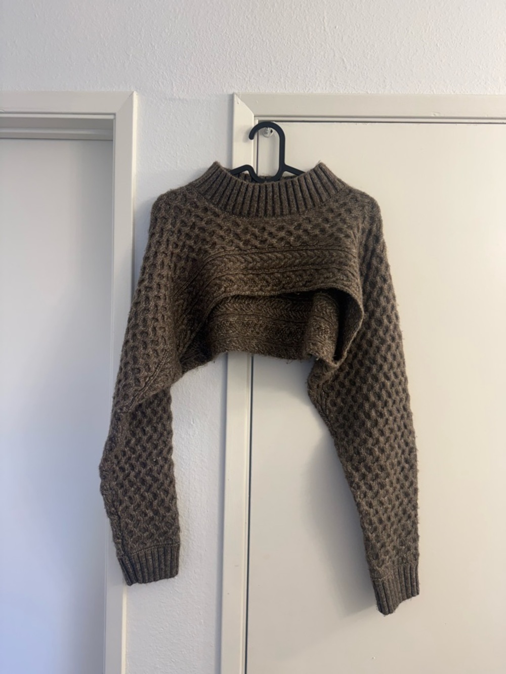 Astr Cropped Cable & Honeycomb Knit Sweater in Brown